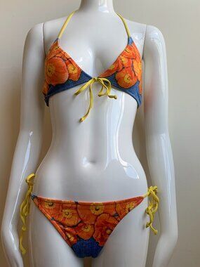 Aaron Chang denim orange floral reversible bikini